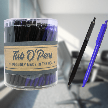 Tub O'Pens in a plastic container